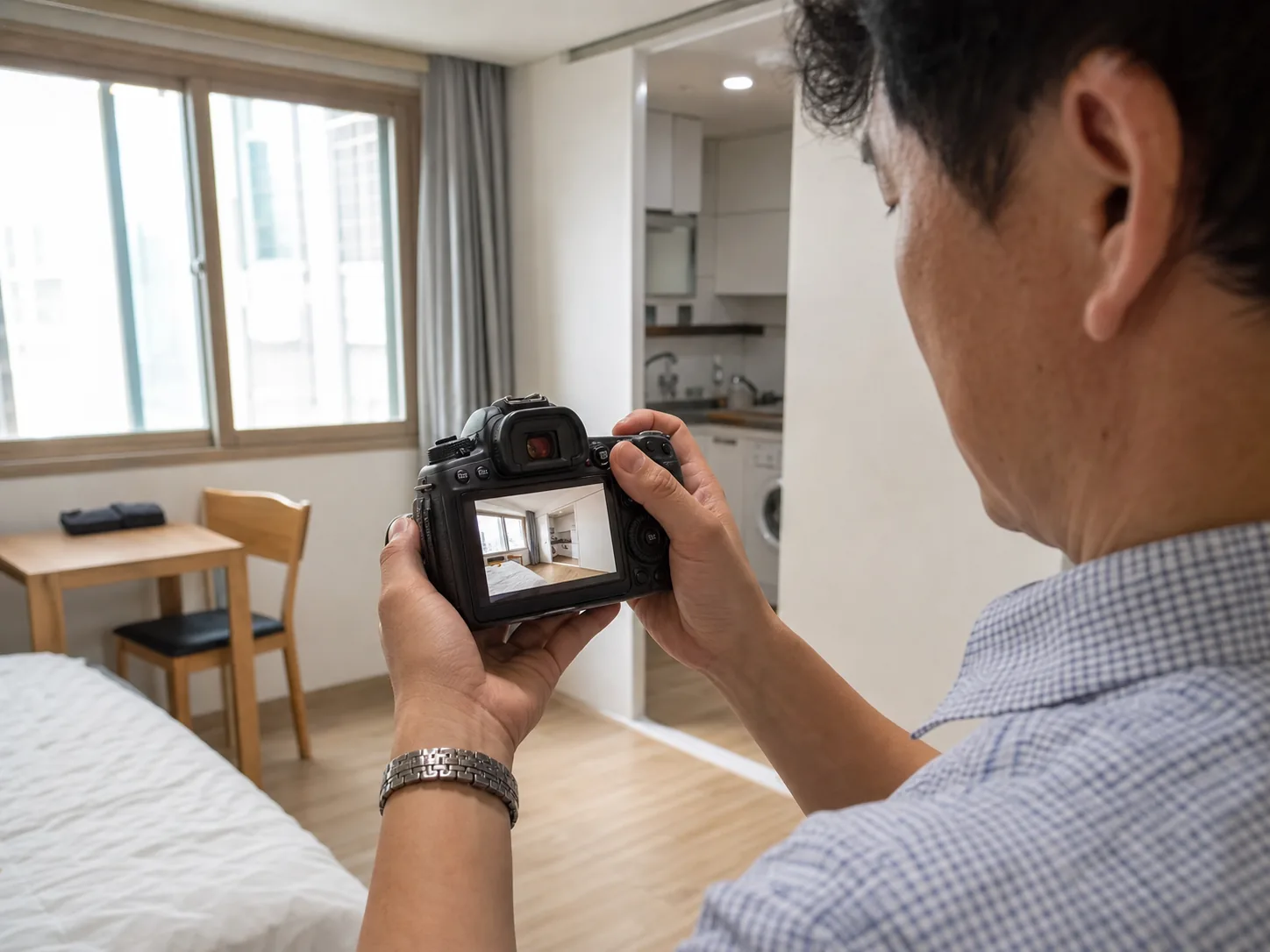 공인중개사가 DSLR 카메라로 촬영한 매물 사진을 확인하는 모습