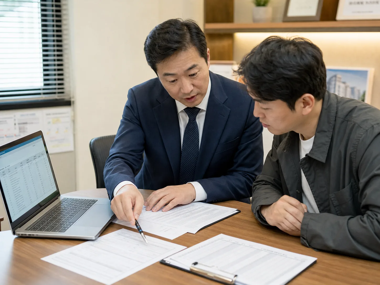 공인중개사가 고객과 권리관계 서류를 확인하는 모습
